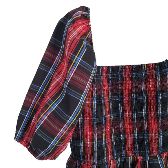 Draper James RSVP XL Blouse Plaid Smocked Puff Elbow Sleeve Peplum Square Neck - Picture 5 of 7